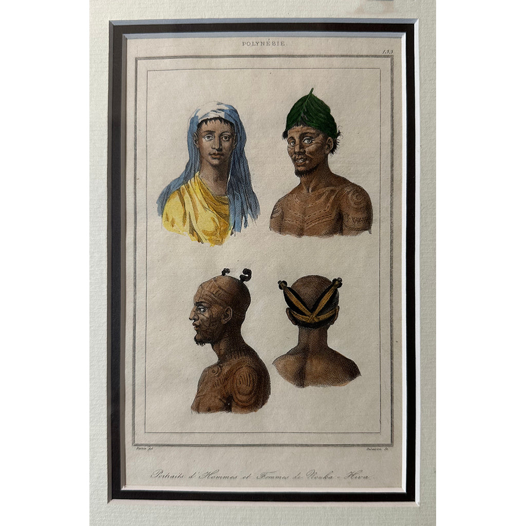 1836 Hand Tinted Engraving of Tattooed Polynesians