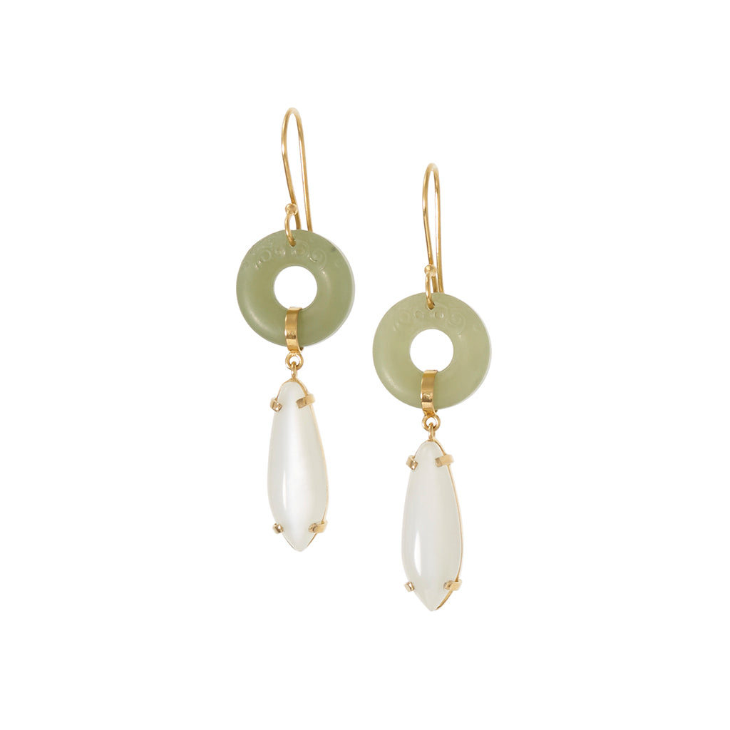 Solid Gold Jade & White Moonstone Earrings