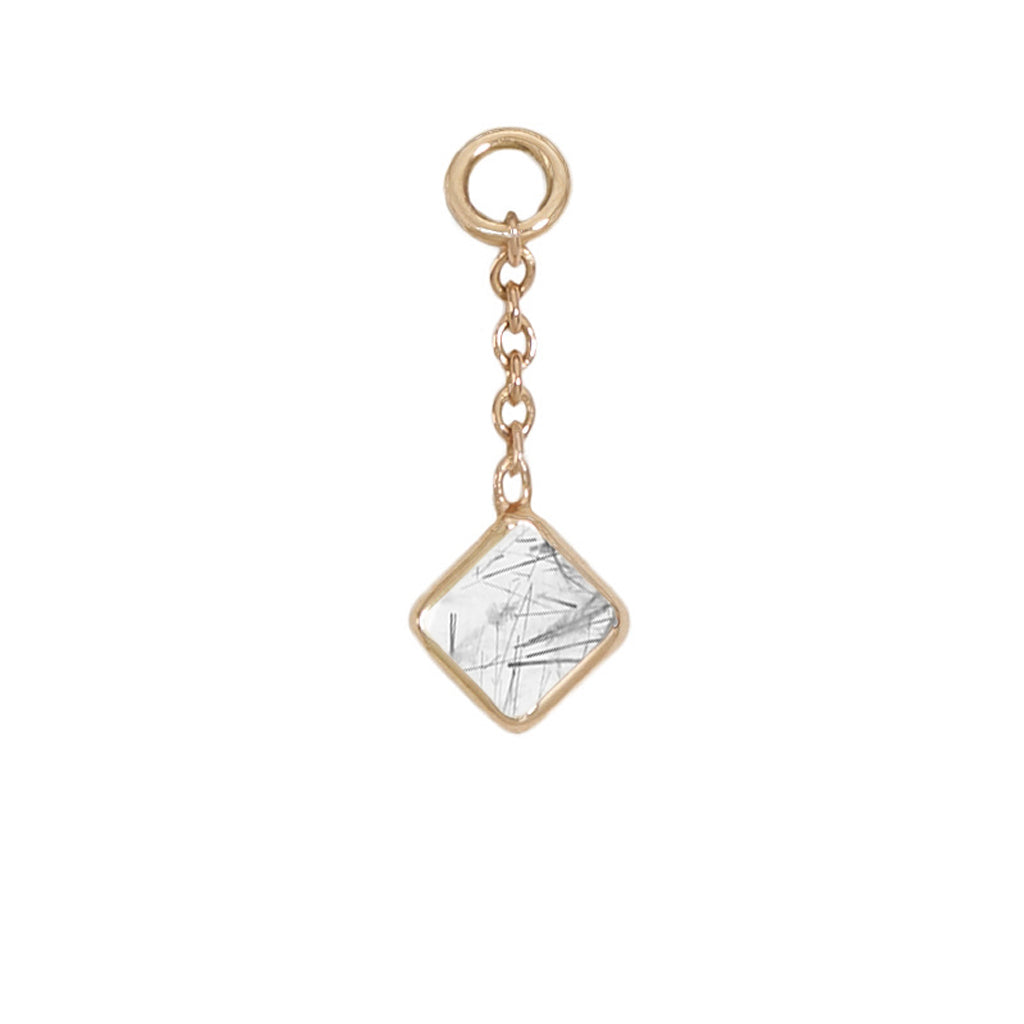 12mm Solid Gold Square Tourmalated Quartz Charm
