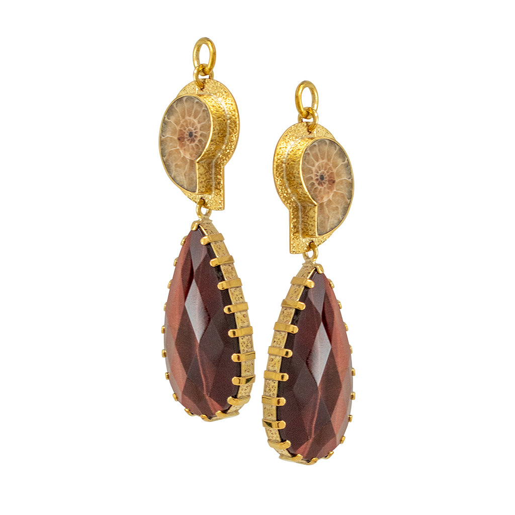 Ammonite Dangles &amp; Faceted Red Tiger&#39;s Eye