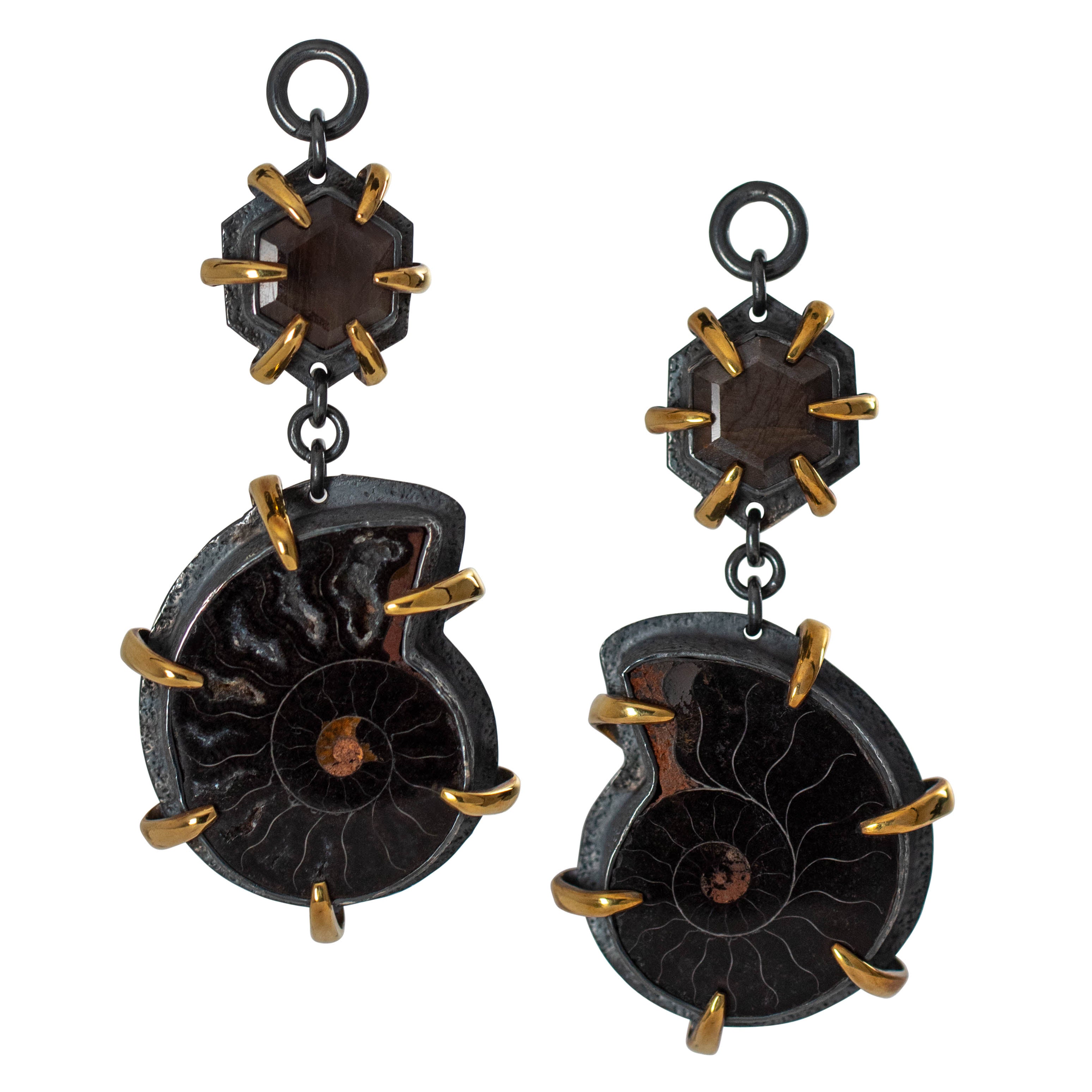 Oxidized Sterling Silver Black Ammonites with Black Sapphires