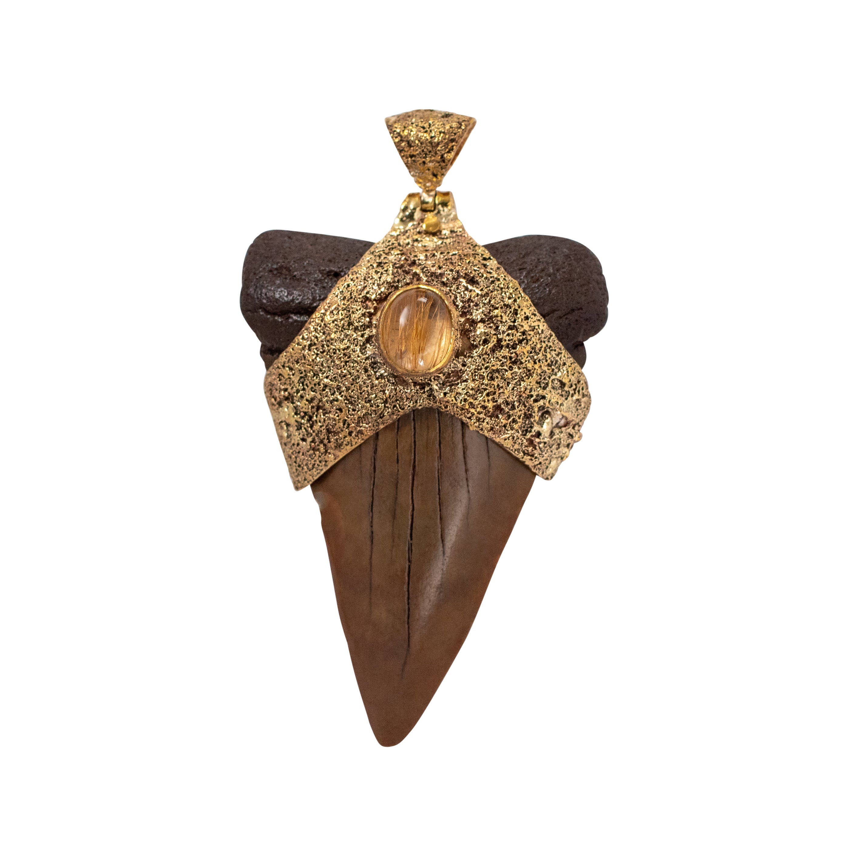Solid Brass Megalodon Pendant with Sunstone