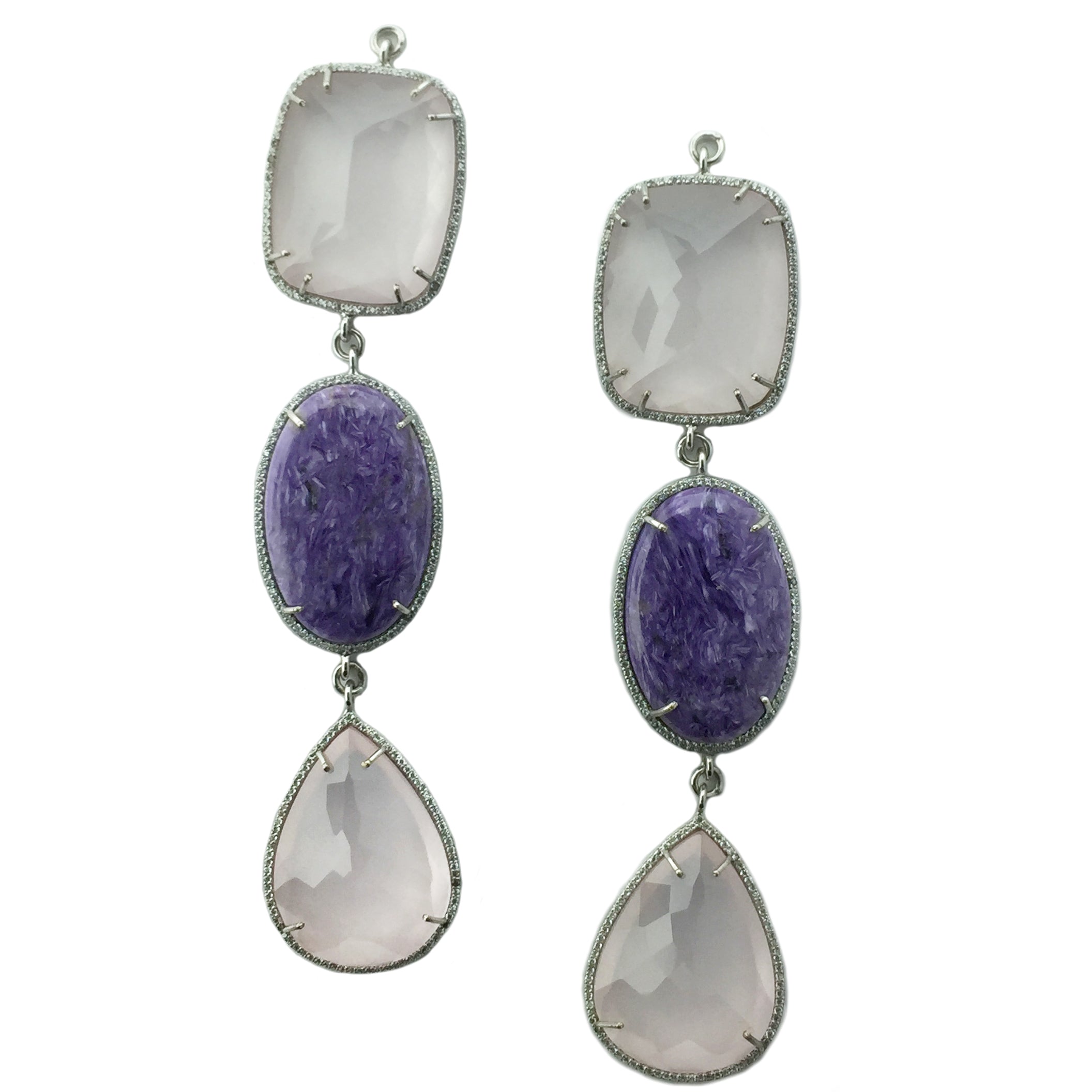 Faceted Rose Quartz &amp; Charoite Set In Sterling Silver Zircon Pave