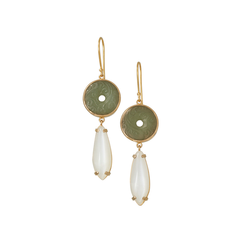 Solid Gold Jade &amp; White Moonstone Earrings